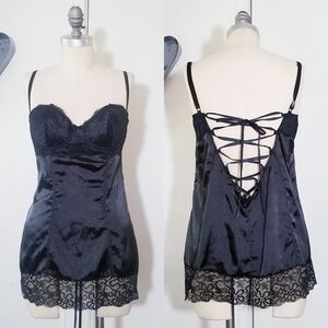 FREDERICKS OF HOLLYWOOD Black Satin Lace Up Back Sexy Chemise